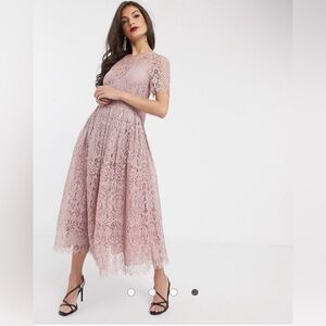ASOS DESIGN lace midi dress with ribbon tie and open back in soft